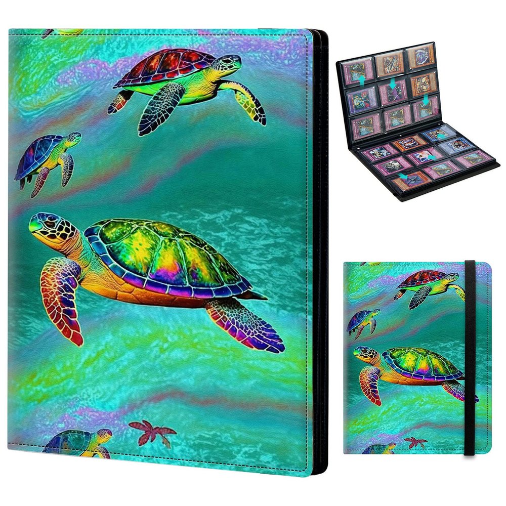 Trading Card Binder 9-pocket Card Holder Binder for Baseball Football Hockey Sport Mtg TCG YUGIOH Card Binder Album 900 Cards Side Load + Elastic Band-Colorful Sea Turtles