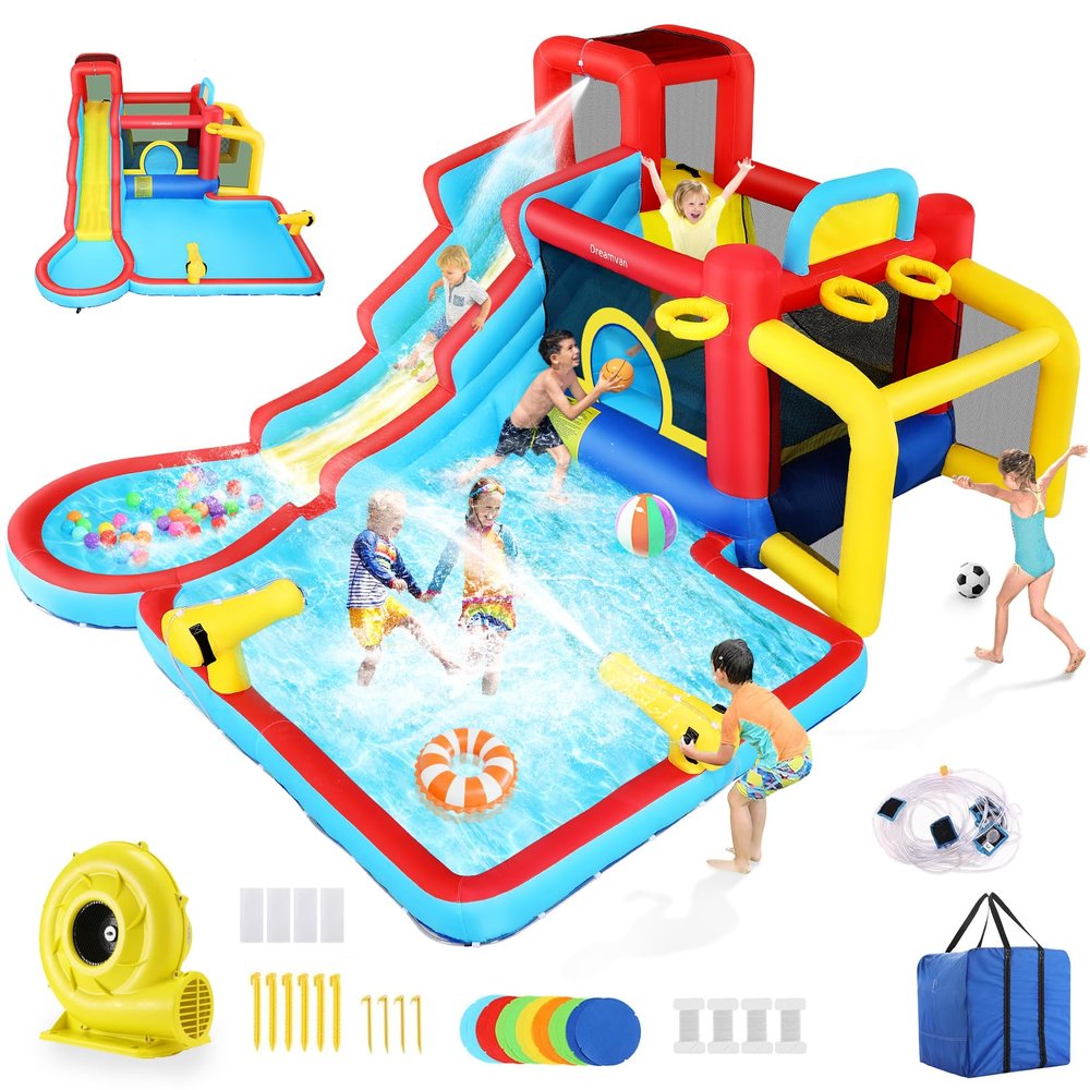 10-in-1 Inflatable Bounce House Water Slide 14.6FT x11.5FT with Pool, Jump Area, Water Slide, Climbing Wall, 2 Water Gun & 620W Blower  Big Backyard Fun Splash Adventure for Kids