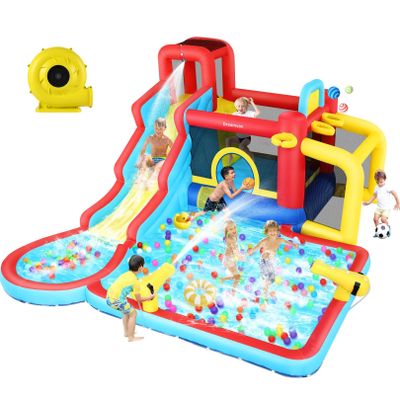 WONFUY Water Slide Bounce House with Blower, Kids Inflatable Water Slide Park Indoor Outdoor Fun Wet Dry Combo Bouncy House Castle w/Splash Pool, Climbing Wall, Cannon, Basketball Hoop, Football Gate