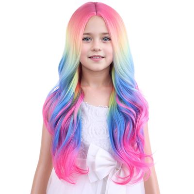 MAGQOO Rainbow Wigs Girls Fun Wigs Long Curly Wavy Colorful Wig Synthetic Heat Resistant Halloween Cosplay Costume Party