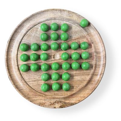30cm Diameter MANGO WOOD SOLITAIRE BOARD GAME with Pea Green Glass Marbles | |classic wooden solitaire game | strategy board game