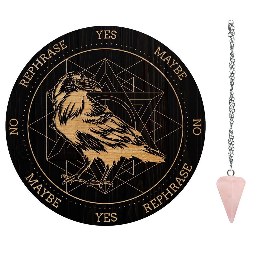 AHANDMAKER Pendulum Board Set, Wooden Dowsing Divination Board Metaphysical Message Board with Crystal Pendulum Necklace for Witchcraft Wiccan Altar Supplies Kit, Night Crow
