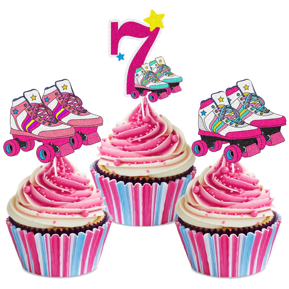 18pcs Happy 7th Birthday Roller Skating Cupcake Toppers - Girl's Roller Skating Happy Birthday Party Cupcake Toppers Decorations - 80's 90s Roller Skating Hip Hop party Favors