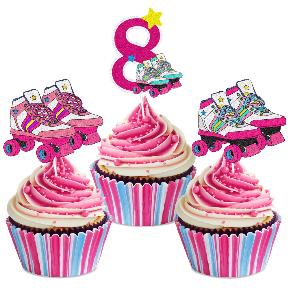 18pcs Happy 8th Birthday Roller Skating Cupcake Toppers - Girl's Roller Skating Happy Birthday Party Cupcake Toppers Decorations - 80's 90s Roller Skating Hip Hop party Favors