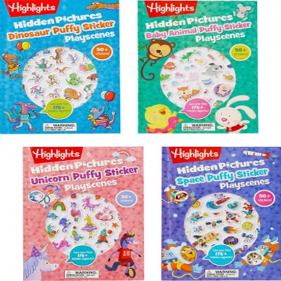 Highlights for Children Hidden Pictures Puffy Sticker Playscenes Collection, 4 Set of Sticker Books for Kids Ages 3-6, Includes Unicorn, Dinosaur, Baby Animal & Space Books, 200+ Repositionable