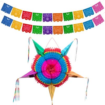 Mexican Party Banners (2 Pack with 10 Multicolor Plastic Flags per Banner) + Mexican Piata (Large 36 Inches) - Papel Picado Banner - Large Pinata