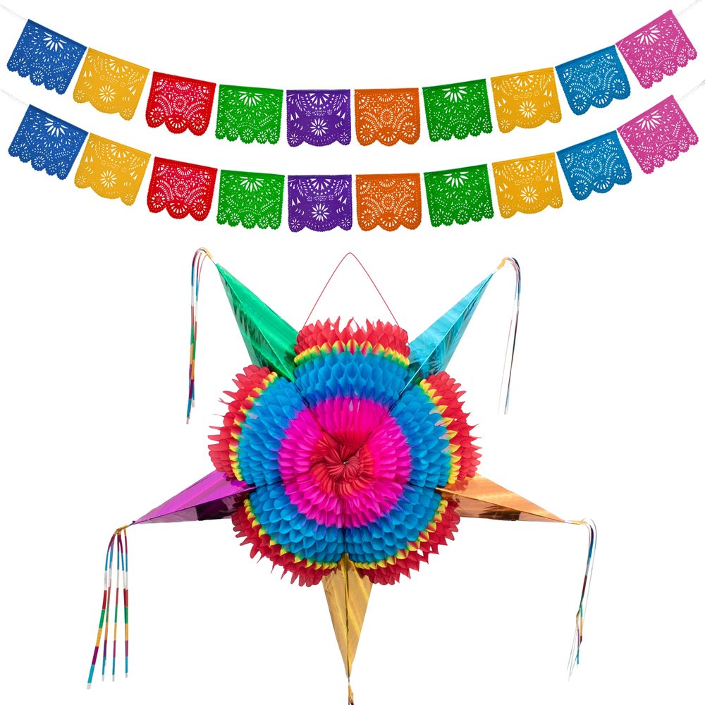 Mexican Party Banners (2 Pack with 10 Multicolor Plastic Flags per Banner) + Mexican Piata (Large 36 Inches) - Papel Picado Banner - Large Pinata