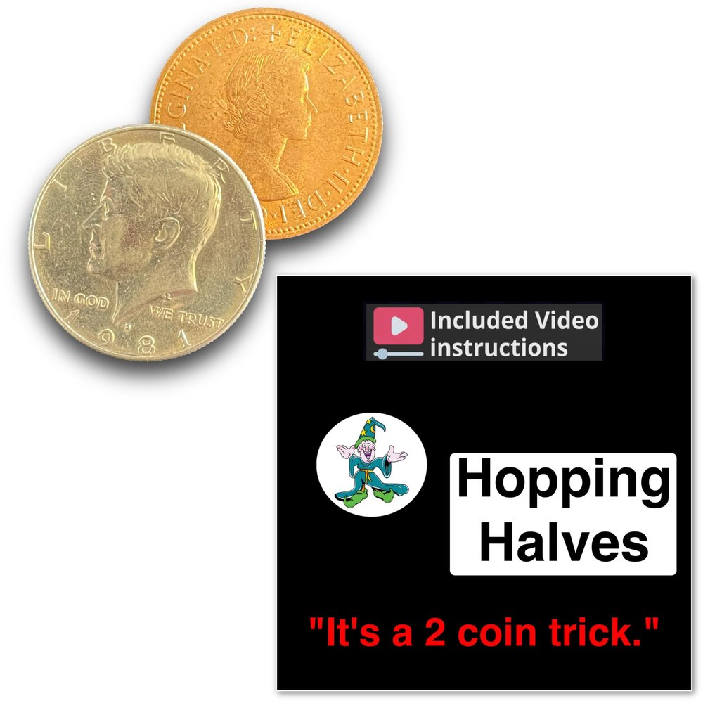Ted's Sterling Magic Hopping Halves Sun and Moon, Half Dollar and English Penny Coin Trick (Non-expanded Shell)