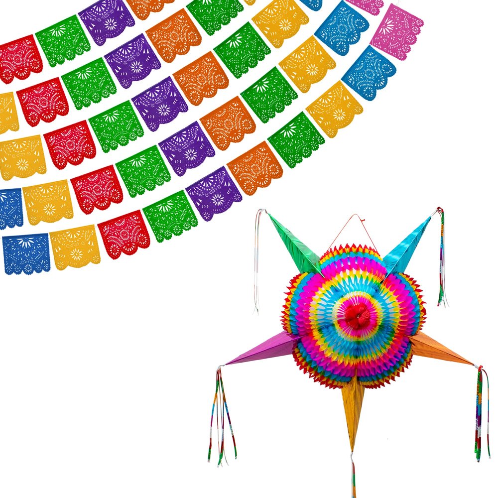 Mexican Party Banners (5 Pack with 10 Multicolor Plastic Flags per Banner) + Mexican Piata (Large 32 Inches) - Papel Picado Banner - Large Pinata