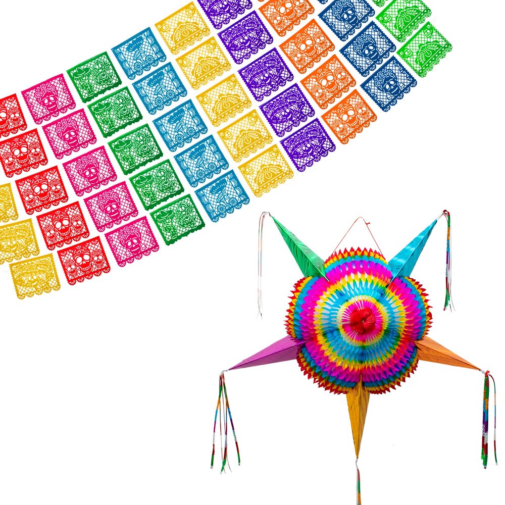 Mexican Party Banners (5 Pack - 10 Plastic Flag Designs per banner) + Mexican Piata (Large 32 Inches) - Papel Picado Banner - Large Pinata