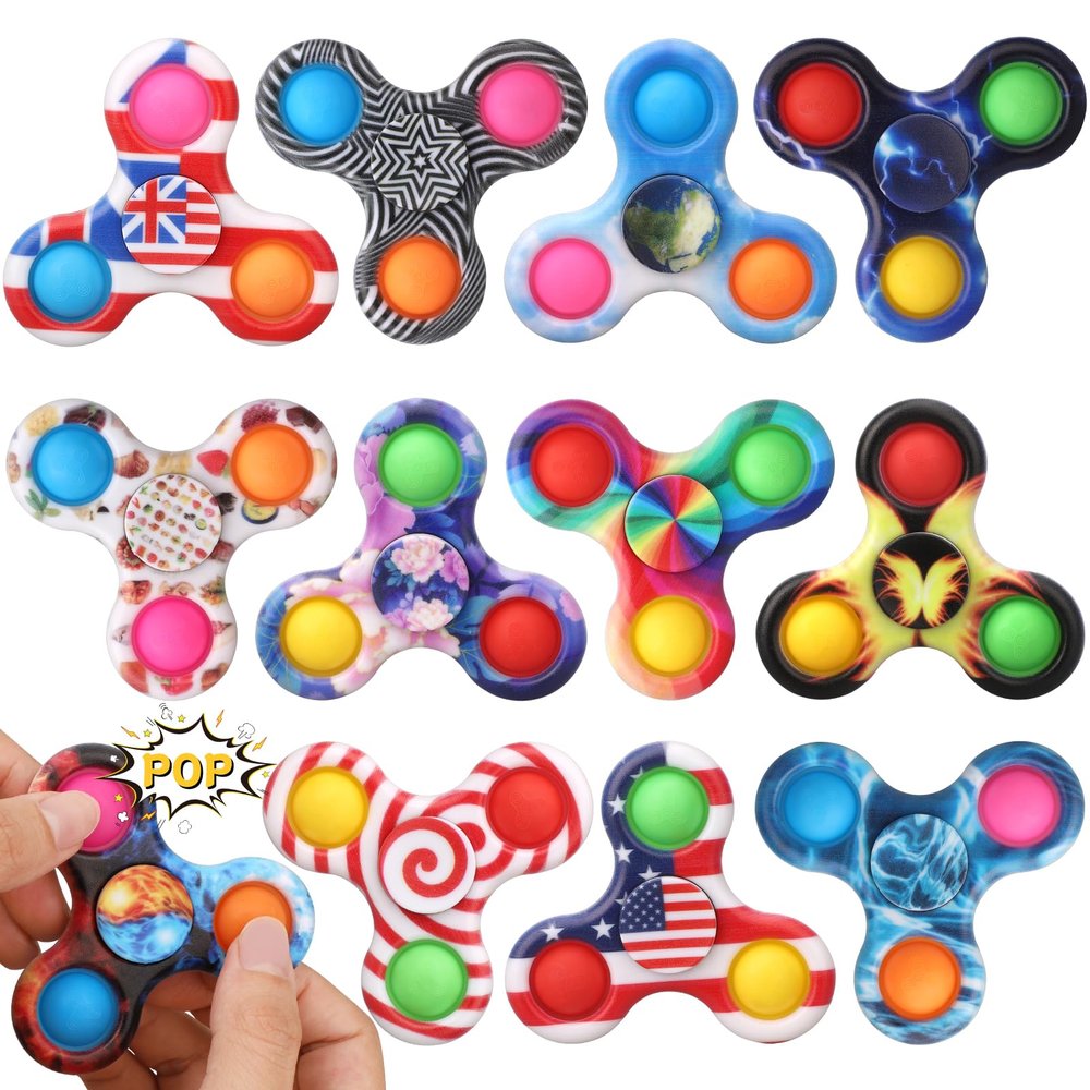12 PCS Christmas Stocking Stuffer Fidget Spinner Toy Pack Push Pop Party Favor for Kid Boy Girl Toddler, Bubble Squeeze Sensory Hand Spinner Bag Filler Birthday Gift Party Supplies Classroom Prizes