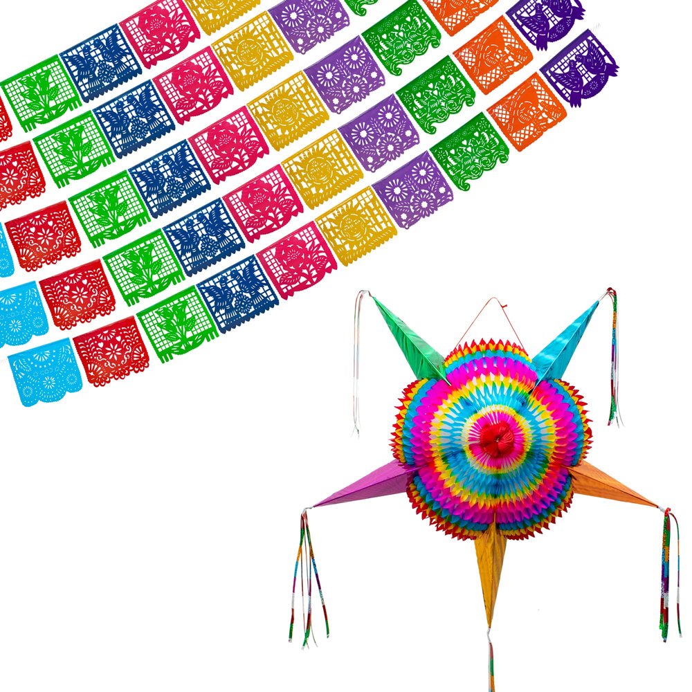 Mexican Party Banners (5 Pack - 10 Plastic Flag Designs per banner) + Mexican Piata (Large 32 Inches) - Papel Picado Banner - Large Pinata