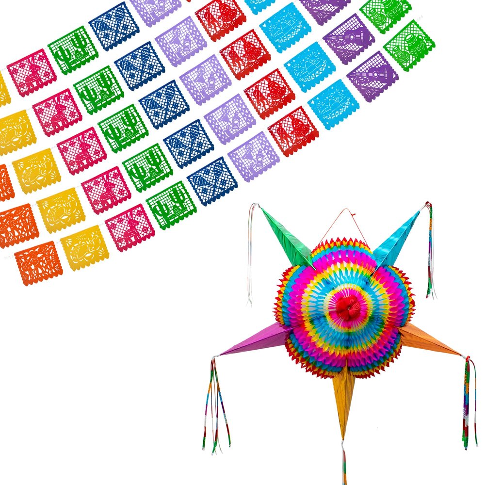 Mexican Party Banners (5 Pack - 10 Plastic Flag Designs per banner) + Mexican Piata (Large 32 Inches) - Papel Picado Banner - Large Pinata