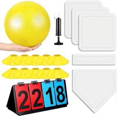 Jenaai 18 Pcs Sports Kickball Set Includes Playground Ball 5 Rubber Throw Down Bases Ball Pump Scoreboard Net Bag 10 Foul Line Cones for Adults Playground Backyard Game(10 Inch,Yellow)