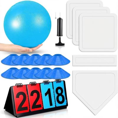 Jenaai 18 Pcs Sports Kickball Set Includes Playground Ball 5 Rubber Throw Down Bases Ball Pump Scoreboard Net Bag 10 Foul Line Cones for Adults Playground Backyard Game(10 Inch,Blue)