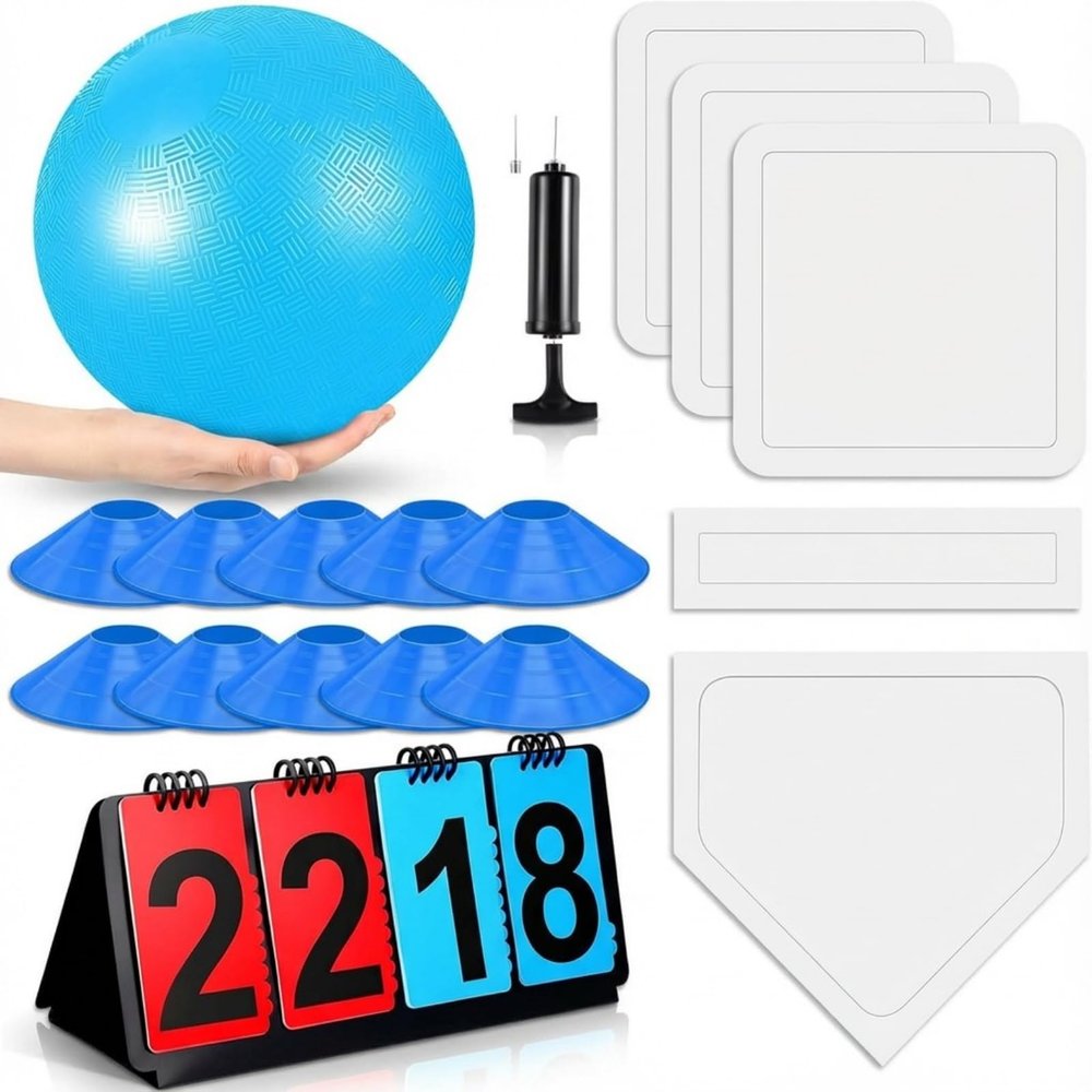 Jenaai 18 Pcs Sports Kickball Set Includes Playground Ball 5 Rubber Throw Down Bases Ball Pump Scoreboard Net Bag 10 Foul Line Cones for Adults Playground Backyard Game(10 Inch,Blue)