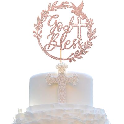 1 PCS God Bless Cake Topper with Dove Glitter Cross First Holy Communion Cake Pick for Celebration Christening Religious Baptism Baby Shower Birthday Party Cake Decorations Supplies Rose Gold