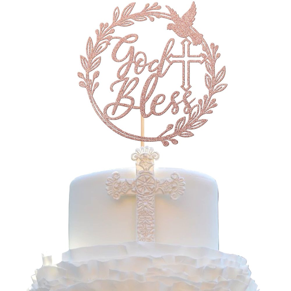 1 PCS God Bless Cake Topper with Dove Glitter Cross First Holy Communion Cake Pick for Celebration Christening Religious Baptism Baby Shower Birthday Party Cake Decorations Supplies Rose Gold