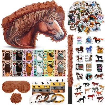 Jenaai 90 Pcs 16x12x3'' Horse Piata for Birthday Party Horse Party Favors Toys Bat Stick Blindfold Confetti Miniature Figurine Silicone Bracelet Make Your Own Stickers for Birthday Supplies