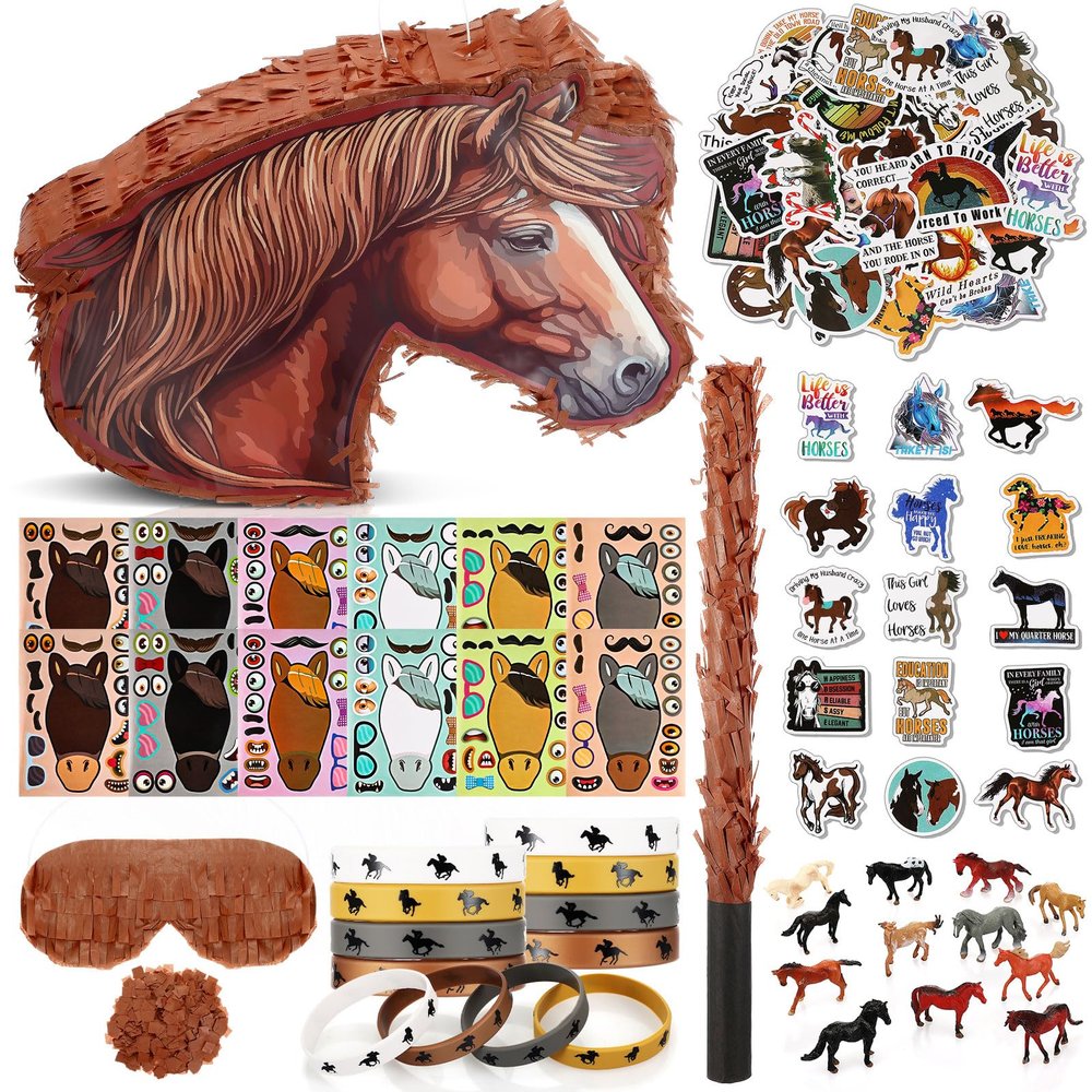Jenaai 90 Pcs 16x12x3'' Horse Piata for Birthday Party Horse Party Favors Toys Bat Stick Blindfold Confetti Miniature Figurine Silicone Bracelet Make Your Own Stickers for Birthday Supplies