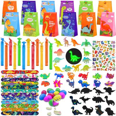 144 Pcs Dinosaur Party Favors for 12 Kids - Dino Birthday Party Supplies Include Bubble Wands, Hatching Eggs, Art Kit, Silicone Rings, Bracelets, Stickers