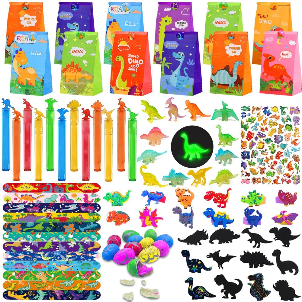 144 Pcs Dinosaur Party Favors for 12 Kids - Dino Birthday Party Supplies Include Bubble Wands, Hatching Eggs, Art Kit, Silicone Rings, Bracelets, Stickers