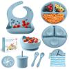 Silicone Baby Feeding Set, 10 Pcs Baby Led Weaning Supplies Baby Eating Essentials Set with Suction Bowl Divided Plate Adjustable Bib Soft Spoon Fork Cup with Lid Drinking Cup, Travel Bag (Blue) view 1