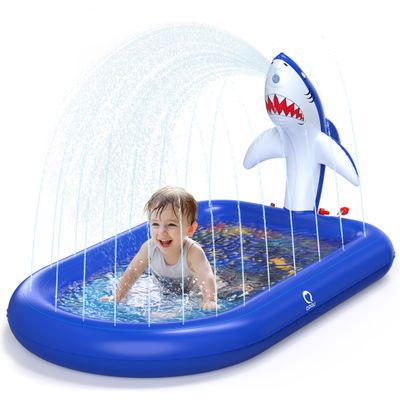 QPAU Splash Pads for Toddlers 1-3, Dark Blue Shark Splash Pad for Kids, Outdoor Play Mat for Babies, Inflatable Sprinkler Pool for Birthday Girl Gifts 1 Year Old Girl