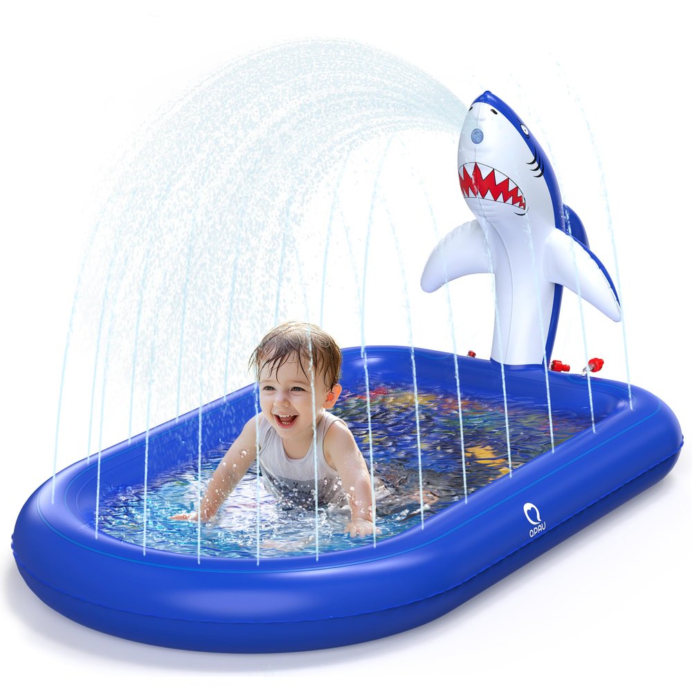 QPAU Splash Pads for Toddlers 1-3, Dark Blue Shark Splash Pad for Kids, Outdoor Play Mat for Babies, Inflatable Sprinkler Pool for Birthday Girl Gifts 1 Year Old Girl