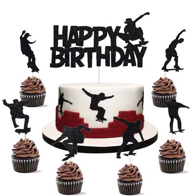 14 PCS Skateboard Cake Topper Skateboard Happy Birthday Sign Cake Decorations for Skateboarding Sport Movement Themed