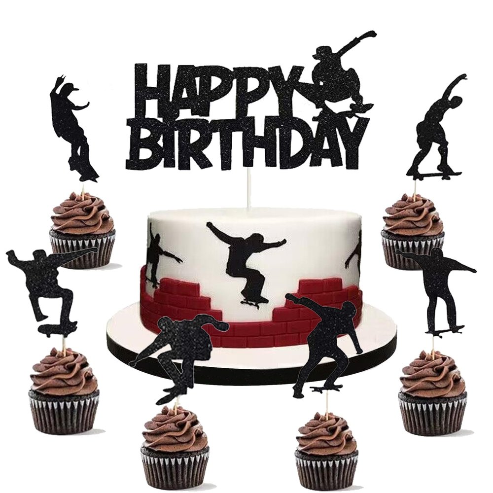 14 PCS Skateboard Cake Topper Skateboard Happy Birthday Sign Cake Decorations for Skateboarding Sport Movement Themed