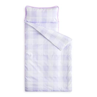 Wake In Cloud - Toddler Nap Mat with Pillow and Blanket, for Kids Boys Girls Ages 3 Plus in Kindergarten Daycare Preschool, Roll Up Sleeping Bag, Gingham Plaid Grid, Purple White, Standard