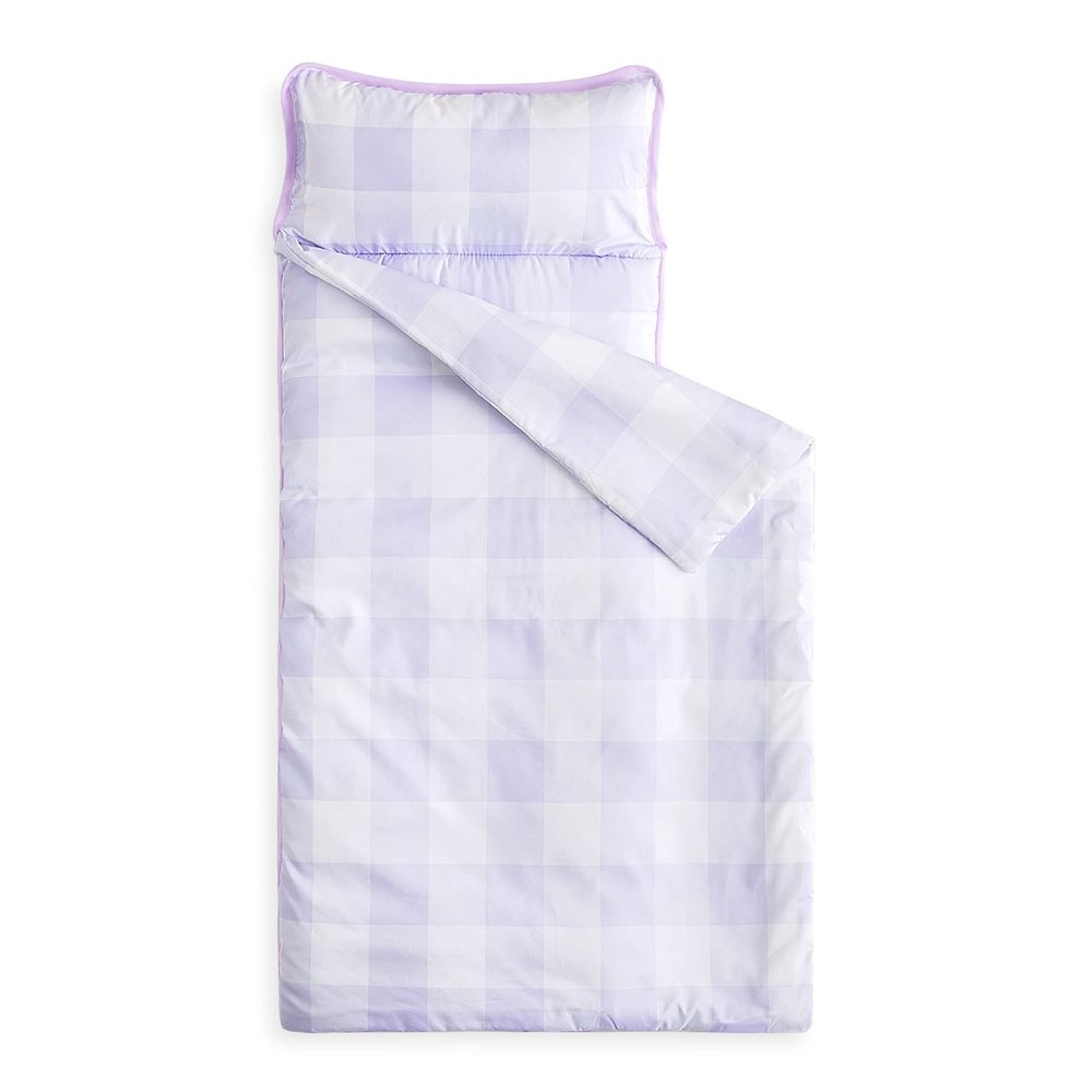 Wake In Cloud - Toddler Nap Mat with Pillow and Blanket, for Kids Boys Girls Ages 3 Plus in Kindergarten Daycare Preschool, Roll Up Sleeping Bag, Gingham Plaid Grid, Purple White, Standard