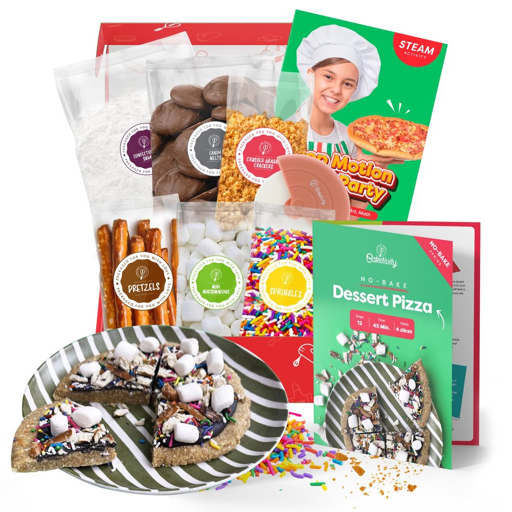 BAKETIVITY No-Bake Dessert Pizza Kids Baking Kit & STEAM Lesson | STEAM Focused Kids Pizza Party Baking Set | No-Bake Recipe with No Oven Required