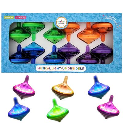 The Dreidel Company Hanukkah Musical Light-Up Dreidel Spinning Tops Set, Plays 2 Classic Hanukkah Songs, Assorted Colors (Pack of 12)