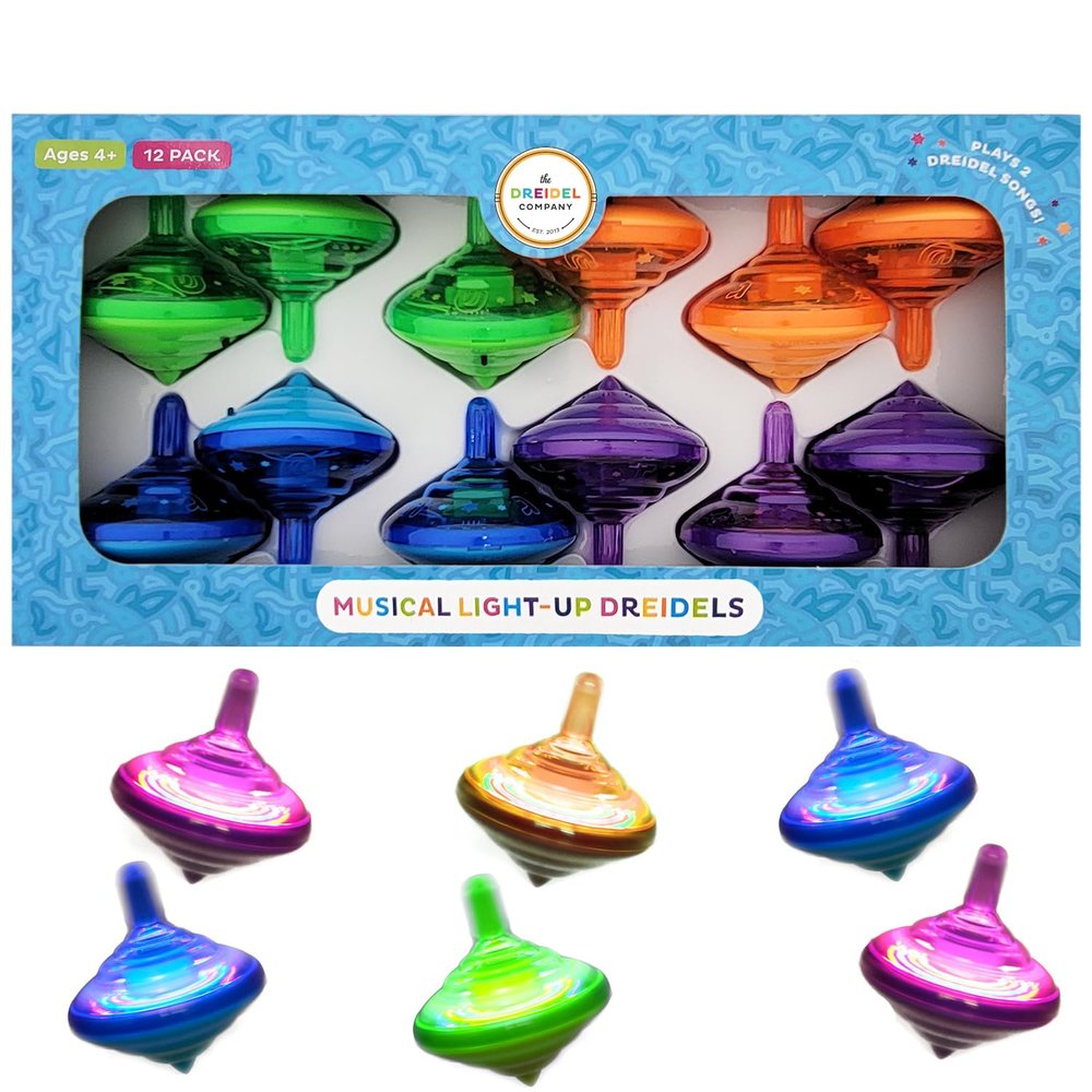 The Dreidel Company Hanukkah Musical Light-Up Dreidel Spinning Tops Set, Plays 2 Classic Hanukkah Songs, Assorted Colors (Pack of 12)