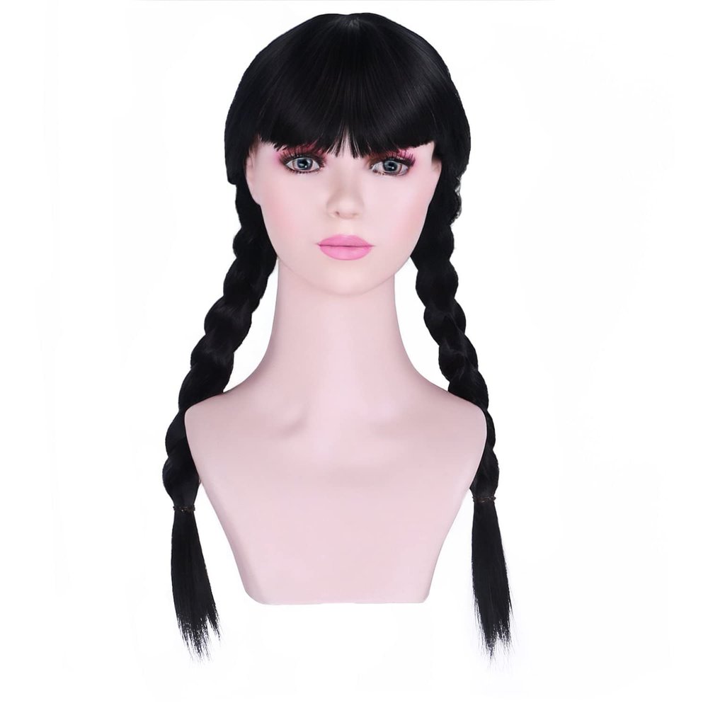 PATTNIUM Girls Kids Black Wig Long Straight Black Braided Wig with Bangs Child Cosplay Synthetic Wig with Wig Cap