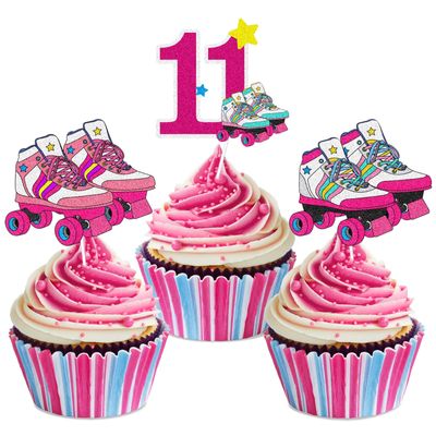18pcs Happy 11th Birthday Roller Skating Cupcake Toppers - Girl's Roller Skating Happy Birthday Party Cupcake Toppers Decorations - 80's 90s Roller Skating Hip Hop party Favors