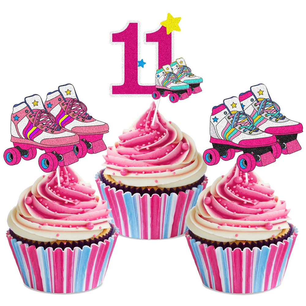18pcs Happy 11th Birthday Roller Skating Cupcake Toppers - Girl's Roller Skating Happy Birthday Party Cupcake Toppers Decorations - 80's 90s Roller Skating Hip Hop party Favors