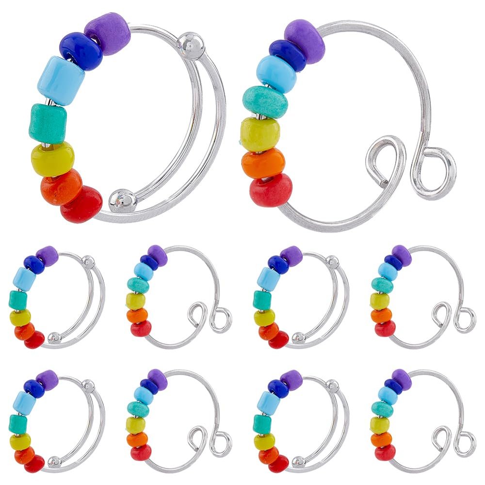 DICOSMETIC 10Pcs 2 Styles Rainbow Rotating Open Cuff Rings Adjustable Personalized Wrap Ring Rotatable Bead Rings Fidget Ring for Anxiety Rainbow Spinner Beads Ring, US Size 8 3/4