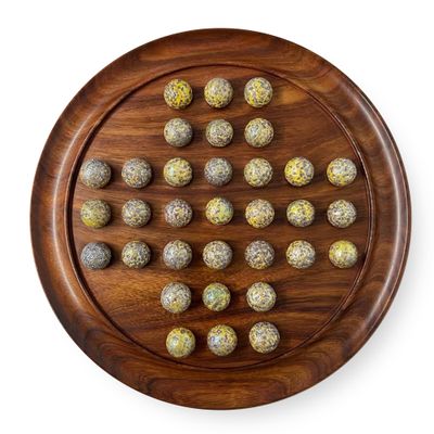 30cm Diameter WOODEN SOLITAIRE BOARD GAME with SPECKLED GOLDEN SPINOSAURUS GLASS MARBLES | |classic wooden solitaire game | strategy board game