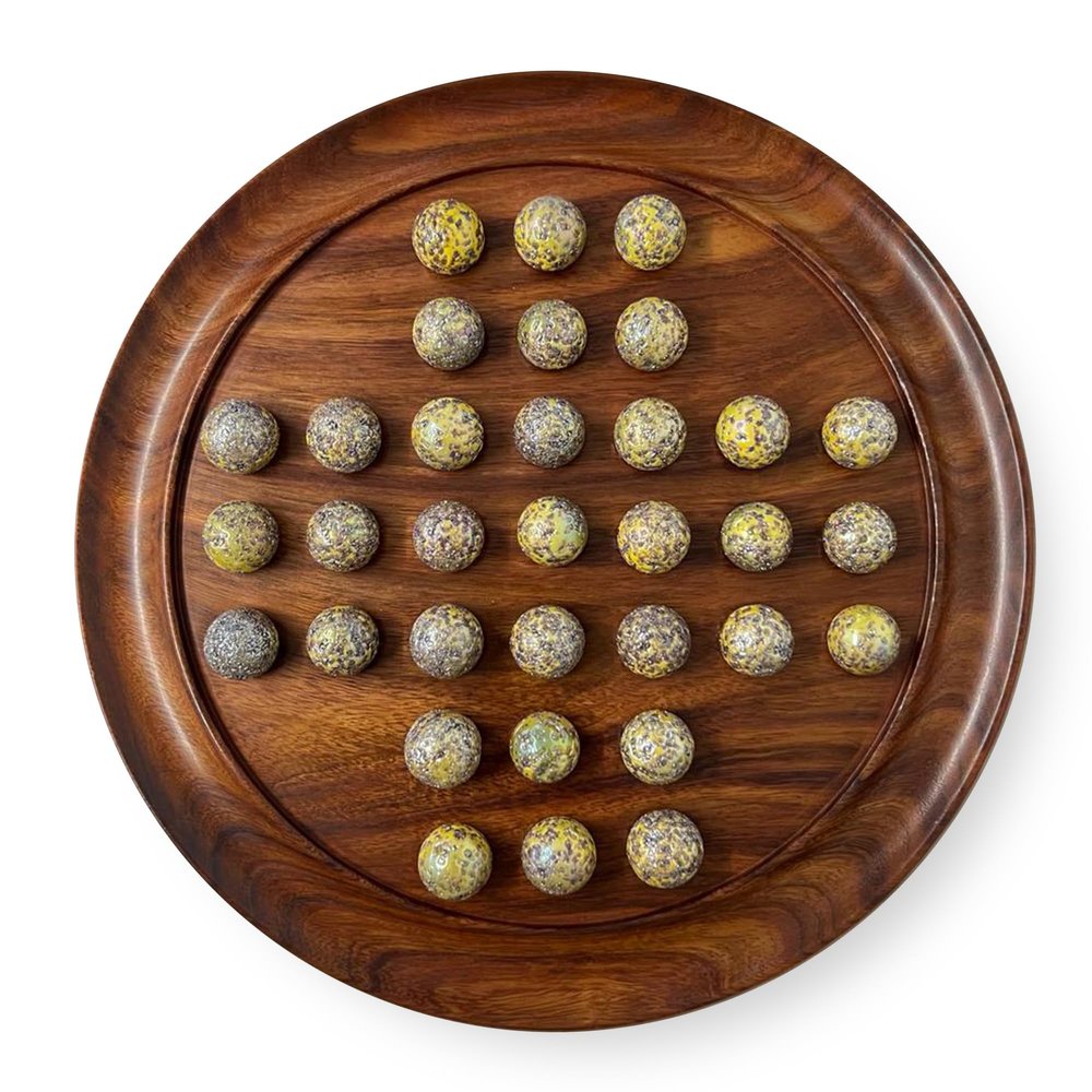 30cm Diameter WOODEN SOLITAIRE BOARD GAME with SPECKLED GOLDEN SPINOSAURUS GLASS MARBLES | |classic wooden solitaire game | strategy board game