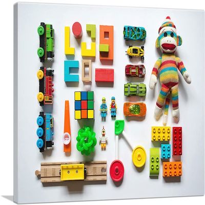 ARTCANVAS Colorful Train Monkey Toys Kindergarten Child Day Care Preschool Decor Canvas Art Print Stretched Framed Painting Picture Poster Giclee Wall Decor - 18" x 12" (0.75" Deep)