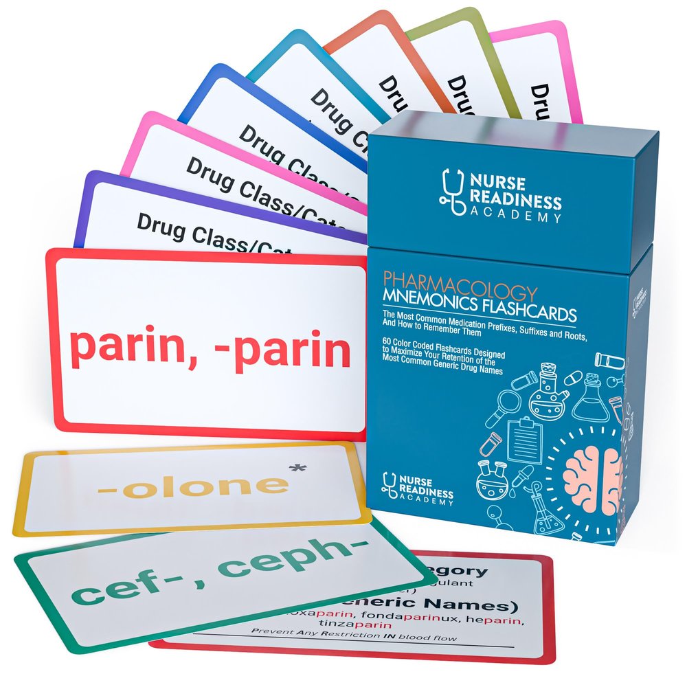 Pharmacology Mnemonics Flashcards: 60 Color Coded Flashcards for Learning The Most Common Generic Drug Names - for Nursing Students, Pharmacy Techs, and Med Students