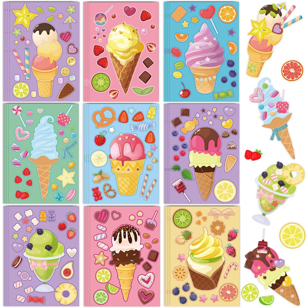 36 Sheets Ice Cream Stickers for Back to School Decoration Ice Cream Party Supplies Sticker Make Your Own Sticker Mix and Match DIY Summer Stickers for Kids Gift Teacher Rewards Art Party Favors
