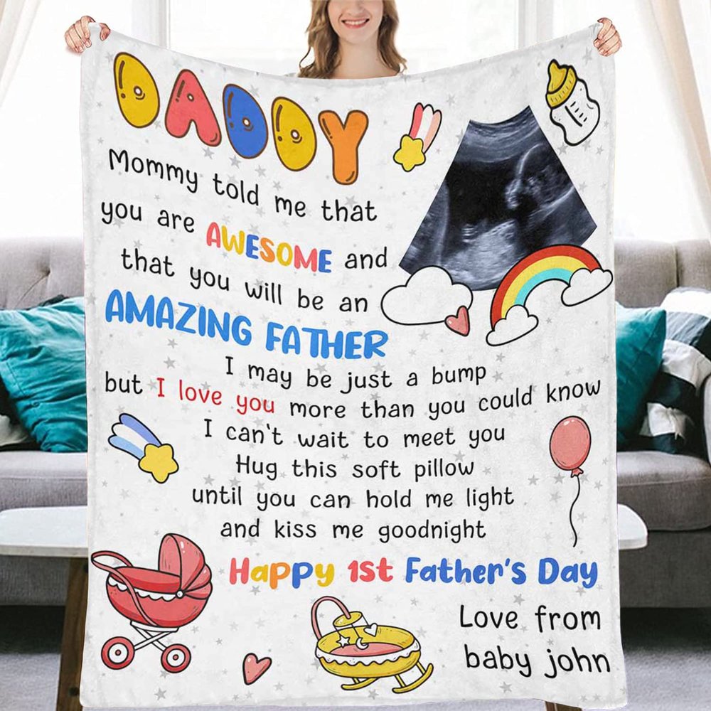 Artsadd Custom Blanket with Baby Ultrasound Picture, First from Unborn Baby - Funny Gifts for New Dad from Wife - Personalized Baby Sonogram Keepsake Photo Throw Blankets for 1st Time Dad