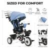 EOOWOY Toddler Tricycle with Push Handle, 7 in 1 Stroller Trike with 360 Swivel Seat, Reclining Backrest, All-Terrain Wheels, Dual Brakes, Canopy & Storage, Gift for Kids 18 Months to 5 Years, Blue view 3