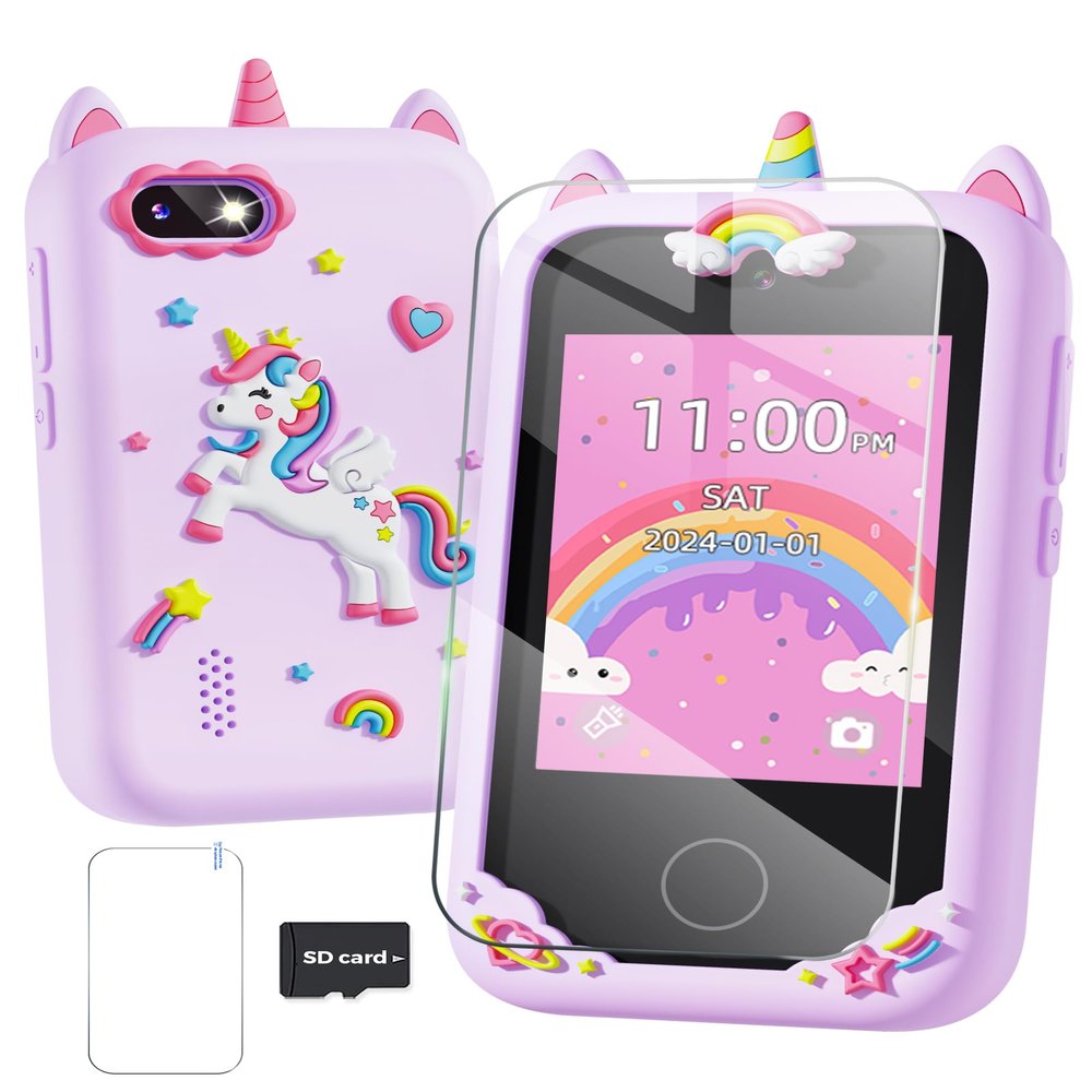 Fiechcco Gifts for Girls Age 6-8 Smart Phone Easter Christmas Stocking Stuffers for Kids Toy for Teenage 3 4 5 7 9 6 8 Year Old Birthday Gift Ideas with 8G SD Card (Purple)