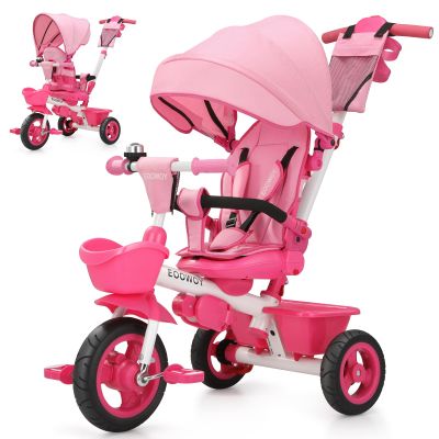 EOOWOY Toddler Tricycle with Push Handle, 7 in 1 Stroller Trike with 360 Swivel Seat, Reclining Backrest, All-Terrain Wheels, Dual Brakes, Canopy & Storage, Gift for Kids 18 Months to 5 Years, Pink