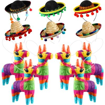 6 Pieces Mini Rainbow Donkey Piatas 4 x 7 Inch and 6 Pieces Sombrero Hat Headbands for Cinco De Mayo Mexican Decorations Carnivals Festivals Taco Tuesday Event Fiesta Supplies